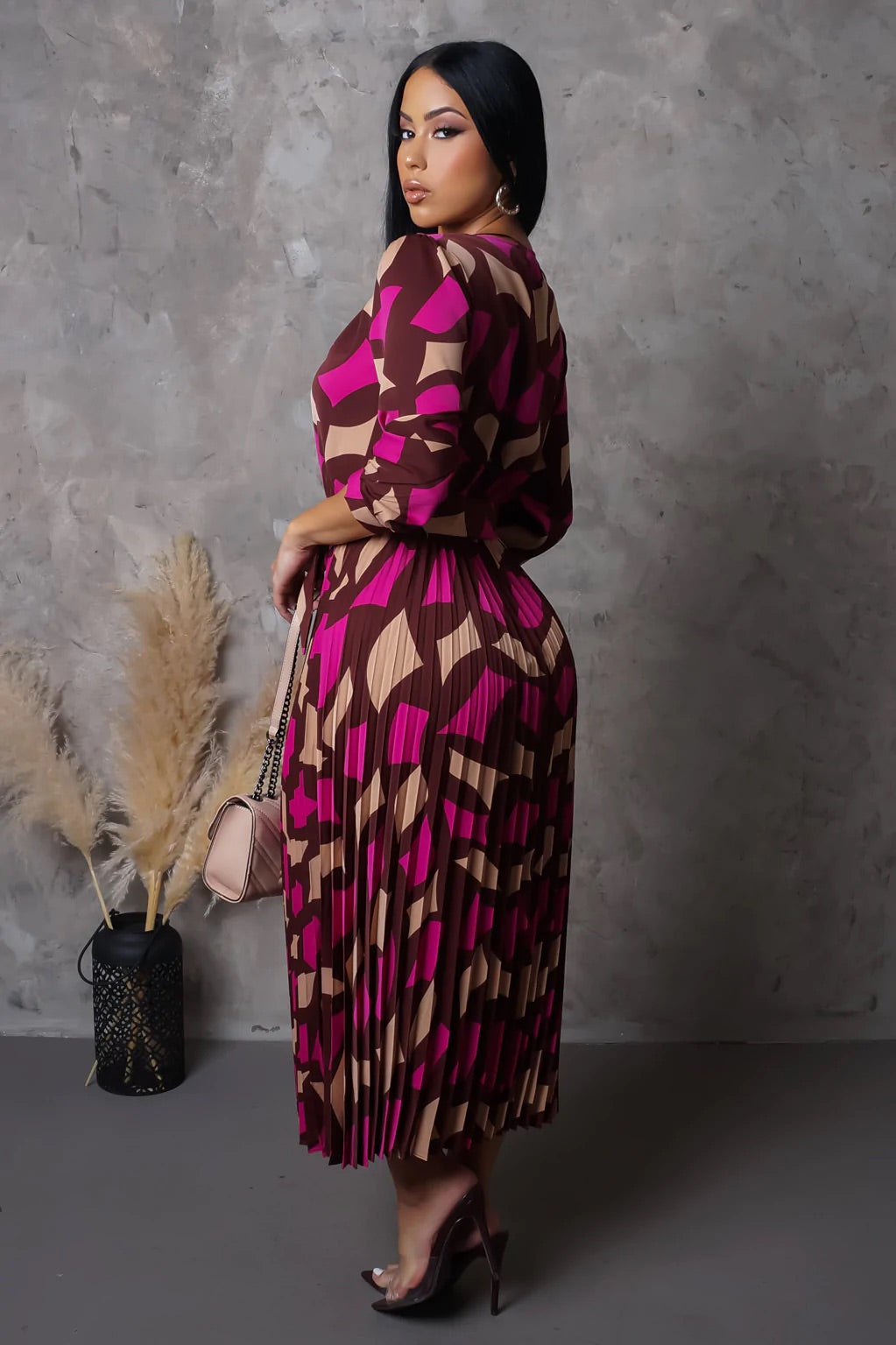 Warm Embrace Pleated Midi Dress Multi Brown - Ali’s Couture 