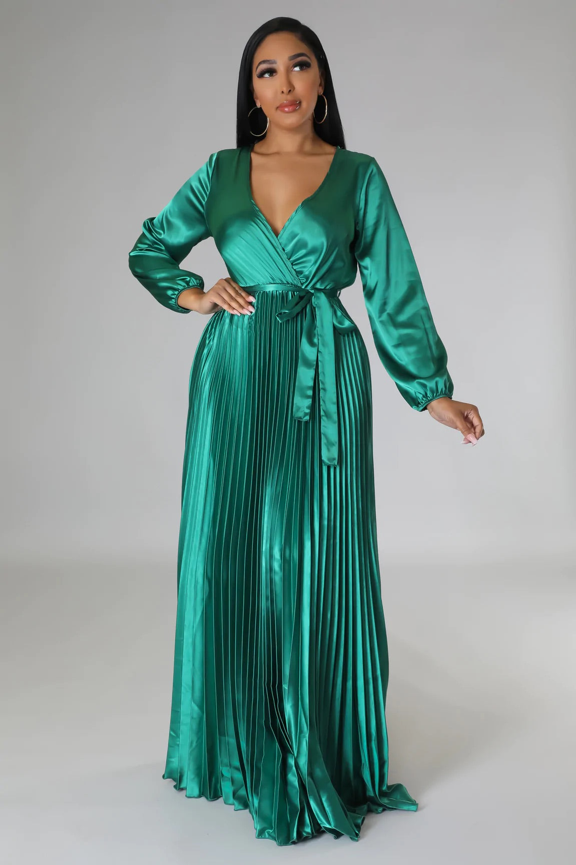 satin pleated maxi dress Forest Green V-Neck Maternity Fully lined for smooth coverage Naira Pleated Maxi Dress -