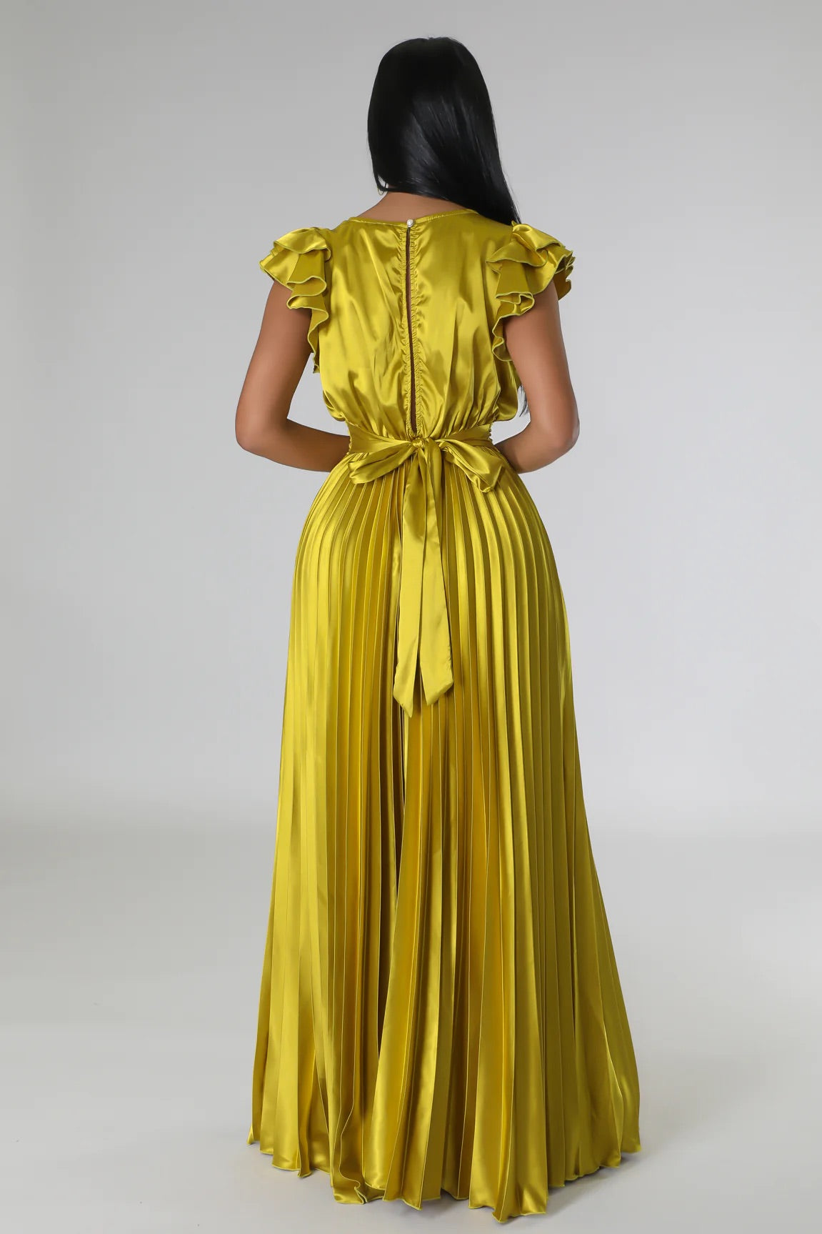 Chantal Satin Pleated Maxi Dress Chartreuse - Ali’s Couture 