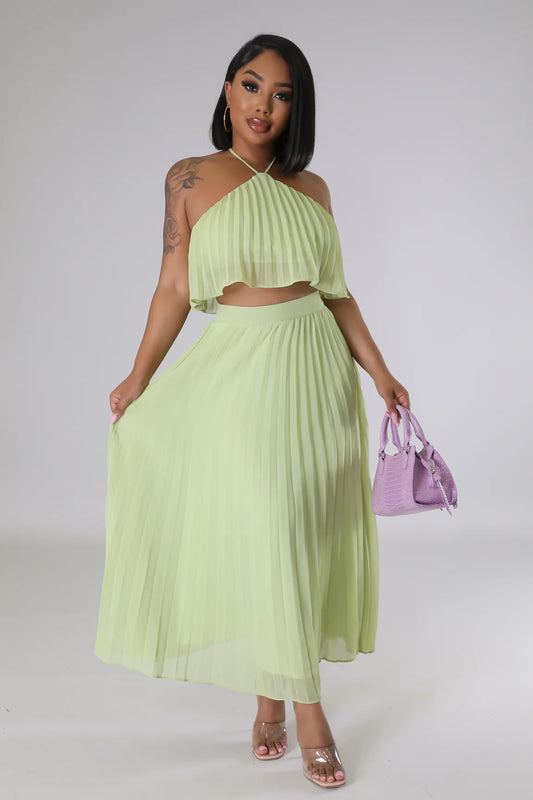 Anatasia Pleated Skirt Set Lime Green - Ali’s Couture 