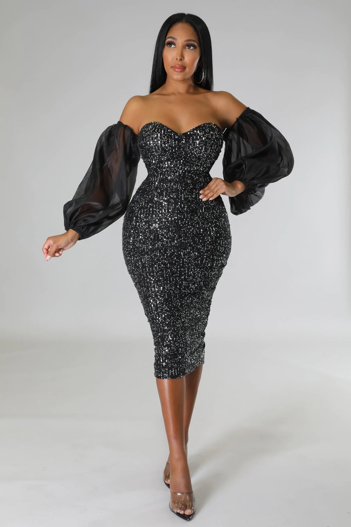 Champagne Baby Sequin Midi Dress Black - Ali’s Couture 