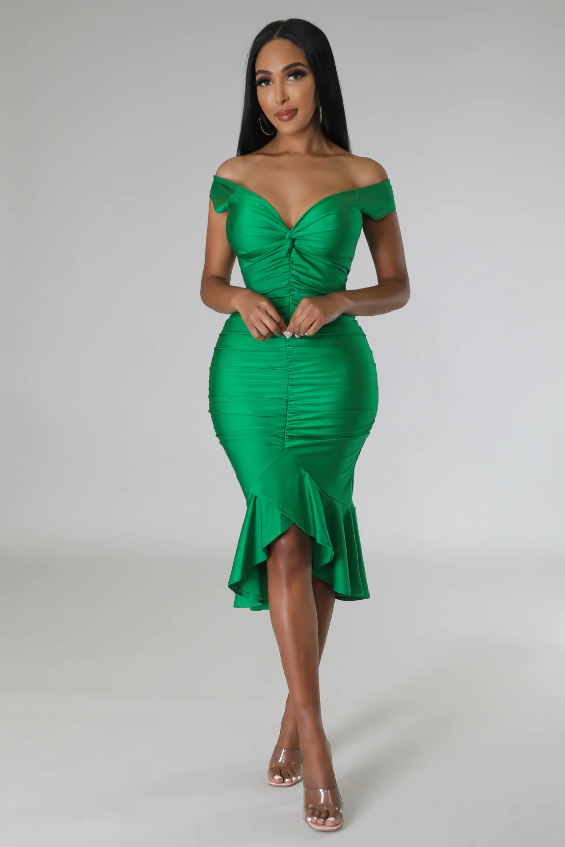 Cambria Satin Off The Shoulder Midi Dress Green - Ali’s Couture 
