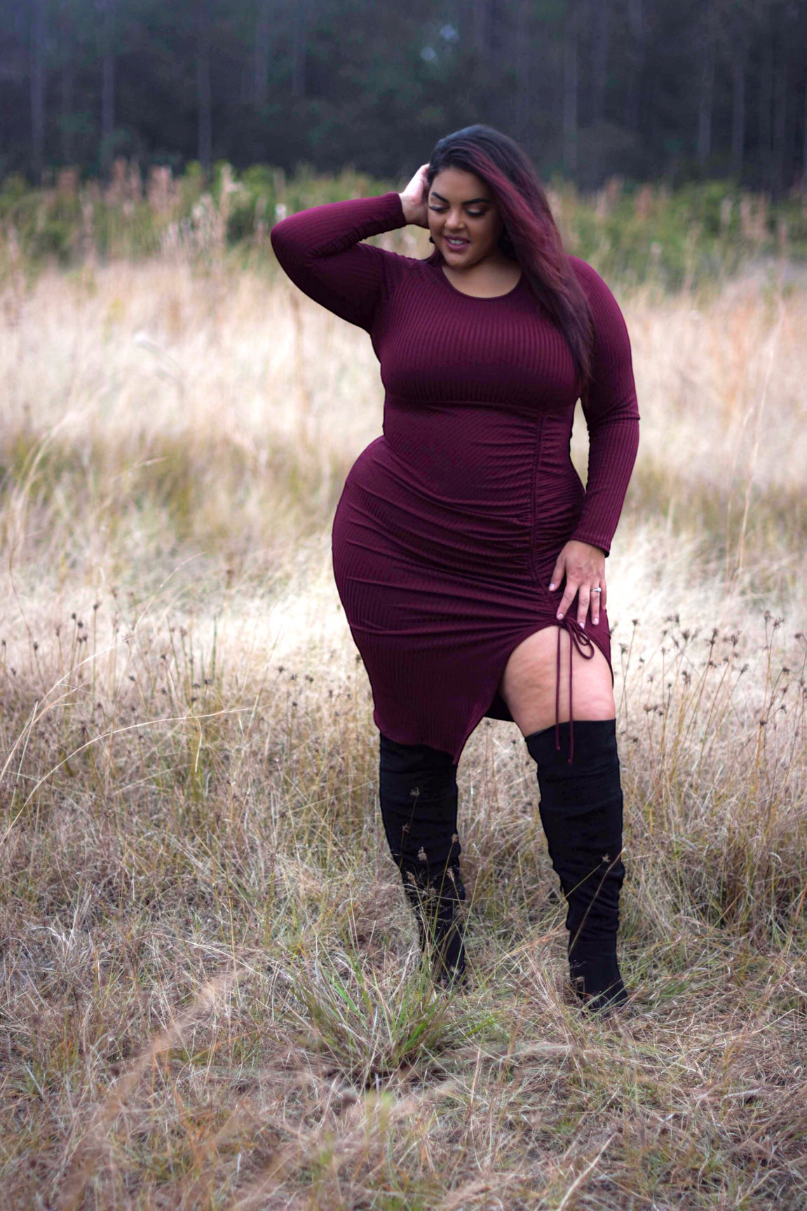 Total Wine Ruched Midi Dress Burgundy (Curvy) - Ali’s Couture 