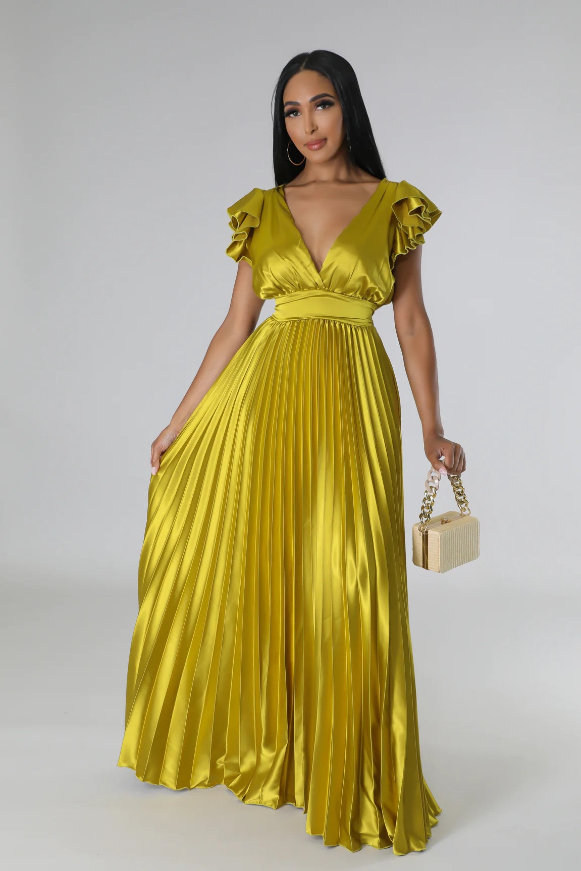 Chantal Satin Pleated Maxi Dress Chartreuse - Ali’s Couture 