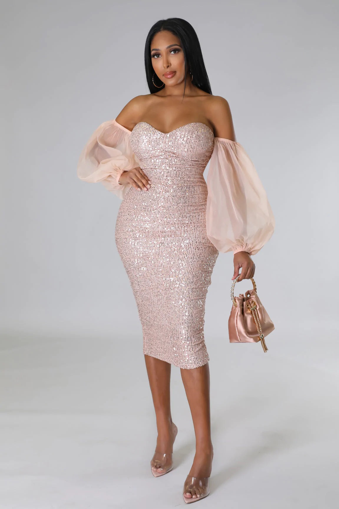 Champagne Baby Sequin Midi Dress Blush - Ali’s Couture 