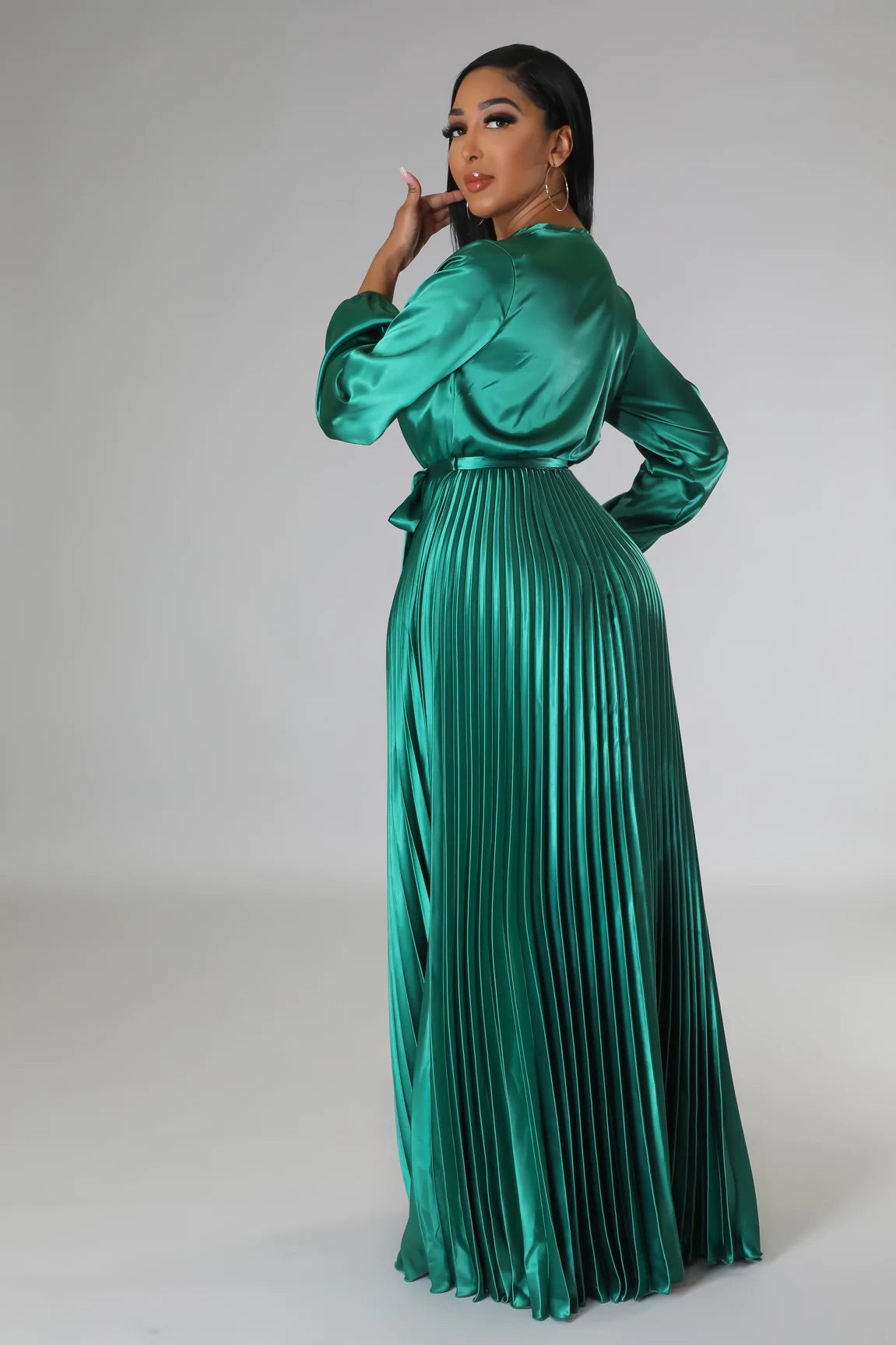 Glowing Love Satin Pleated Maxi Dress Green - Ali’s Couture 