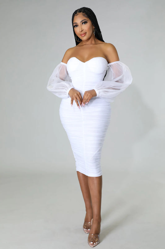 Neva Off The Shoulder Mesh Midi Dress White - Ali’s Couture 