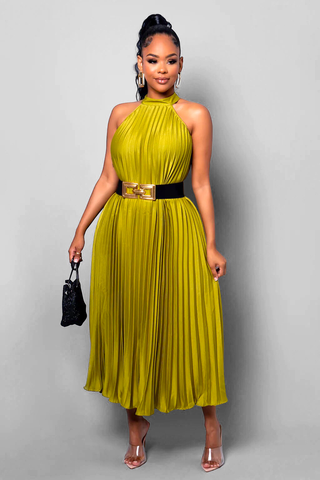 Delilah Pleated Midi Dress Apple Green - Ali’s Couture 