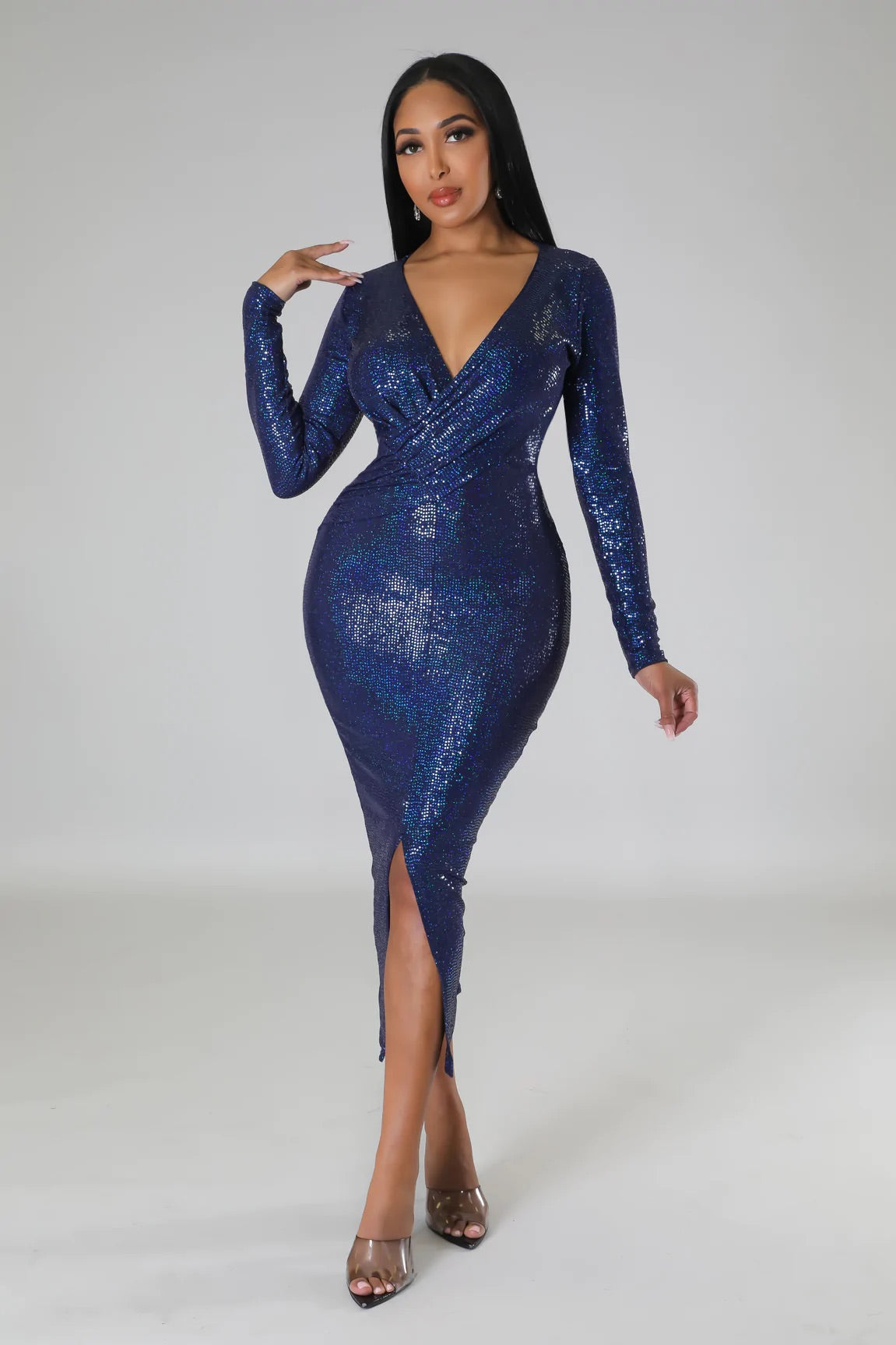 Shimmer and Shine Long Sleeve Midi Dress Blue - Ali’s Couture 