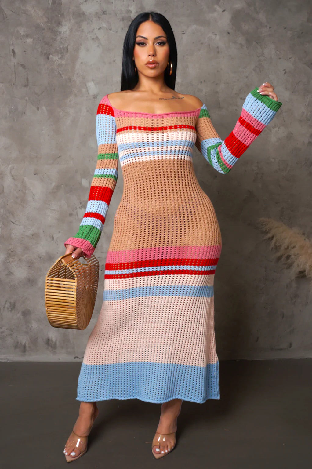 Yris Crochet Knit Midi Dress Multi Beige - Ali’s Couture 