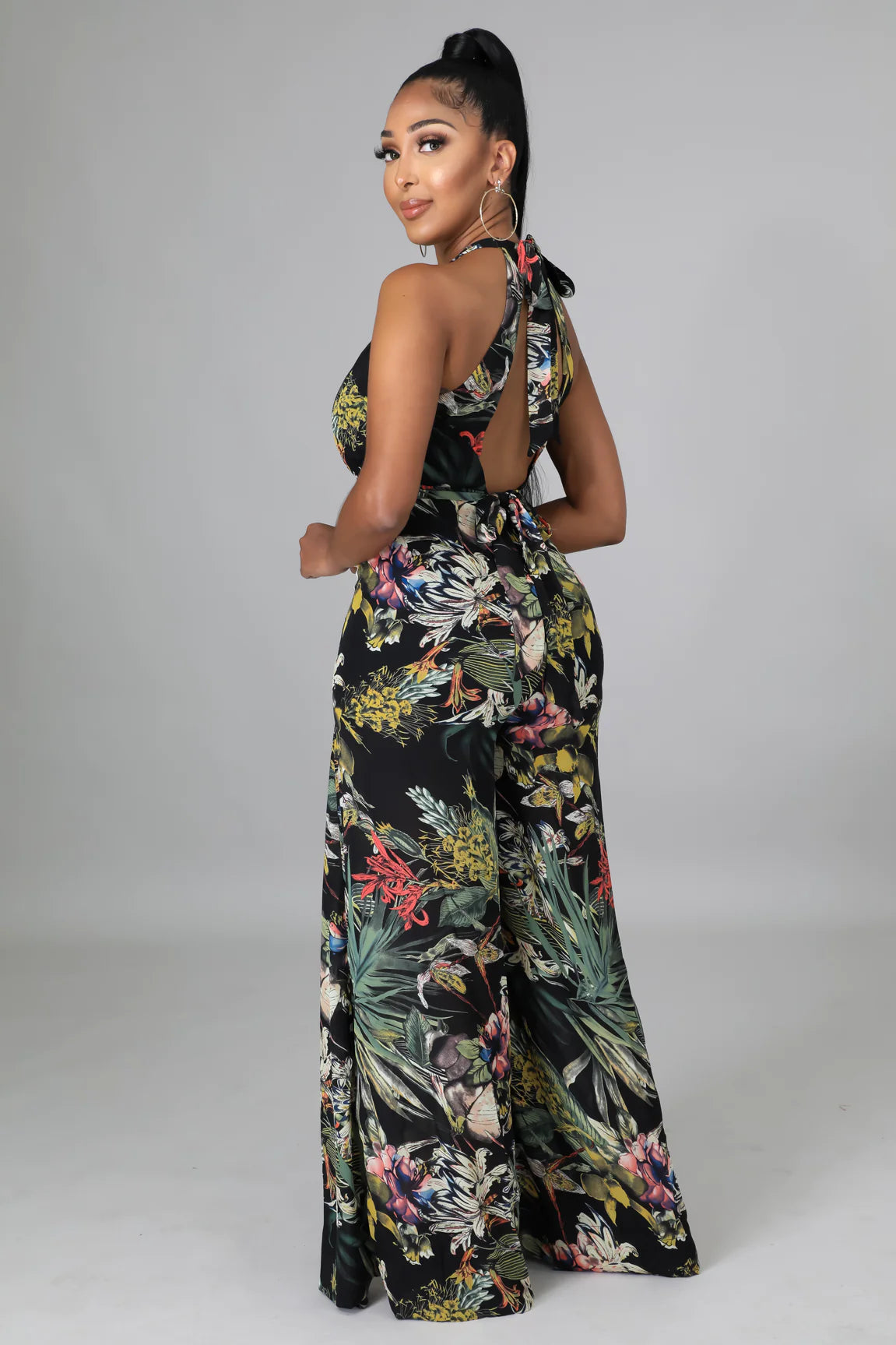 Midnight In Paradise Tropical Jumpsuit Multicolor Black - Ali’s Couture 
