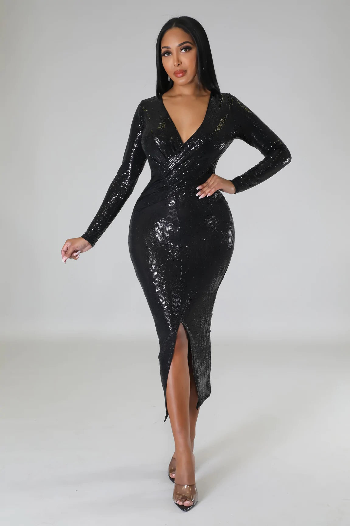 Shimmer and Shine Long Sleeve Midi Dress Black - Ali’s Couture 