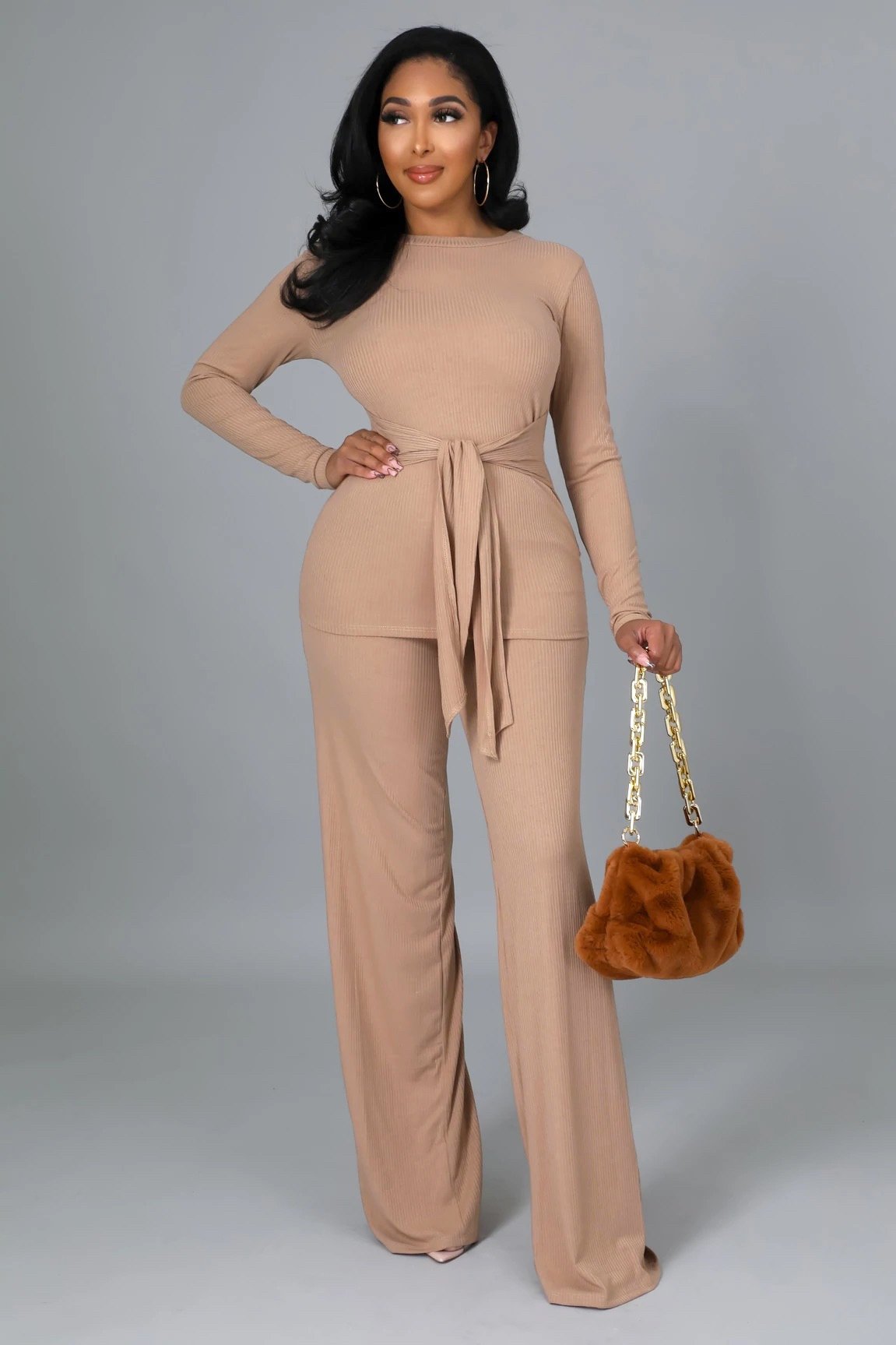 Aliza Front Tie Pant Set Taupe - Ali’s Couture 