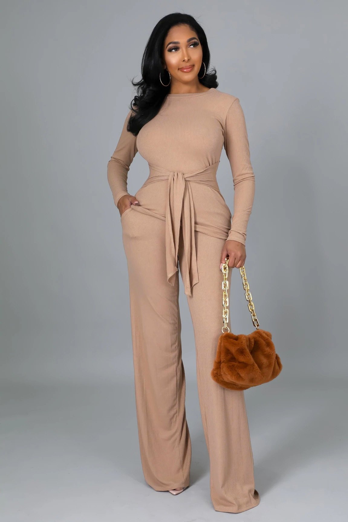 Aliza Front Tie Pant Set Taupe - Ali’s Couture 