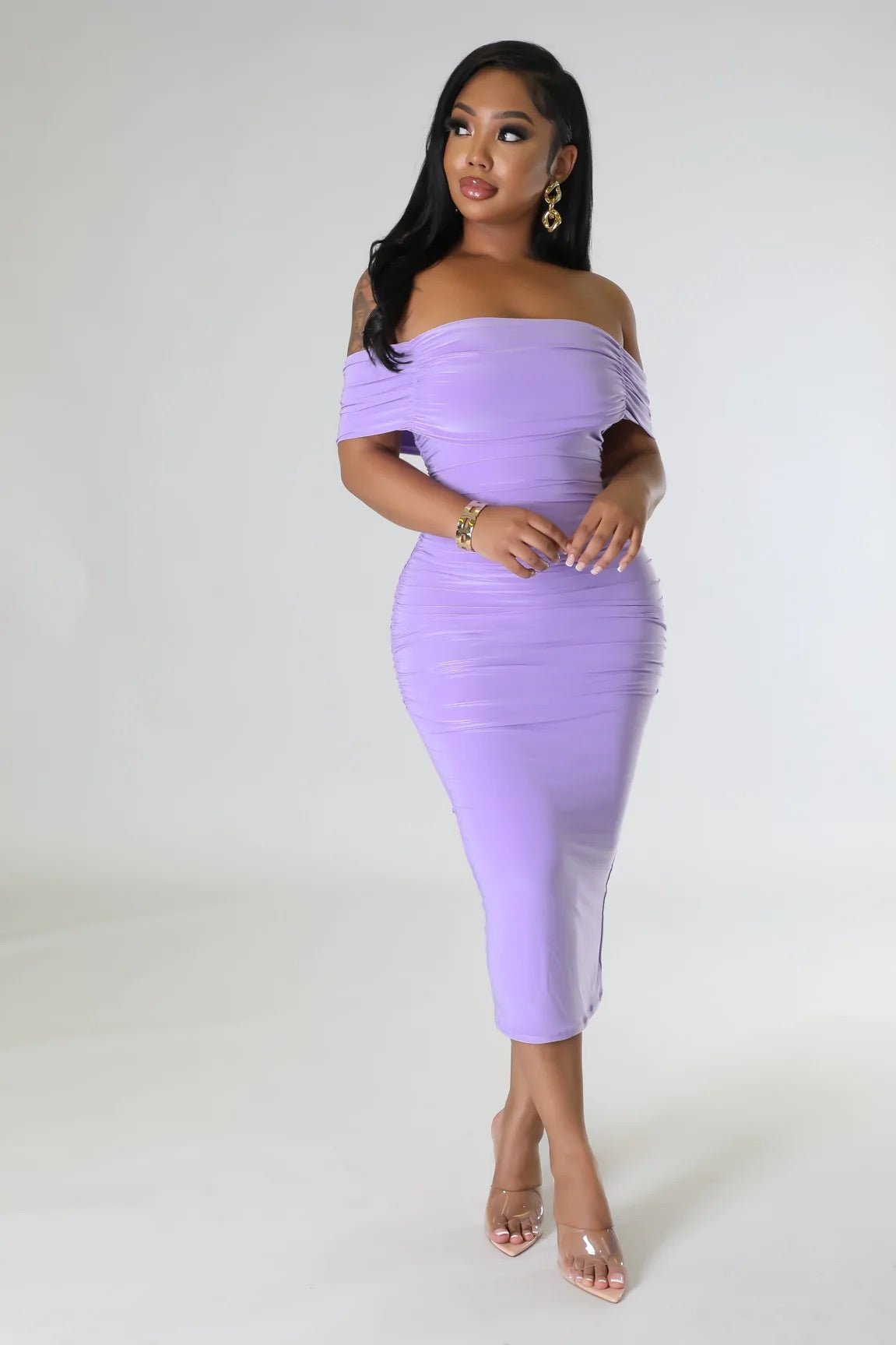 All Ruched Off The Shoulder Midi Dress Lilac - FINAL SALE - Ali’s Couture 