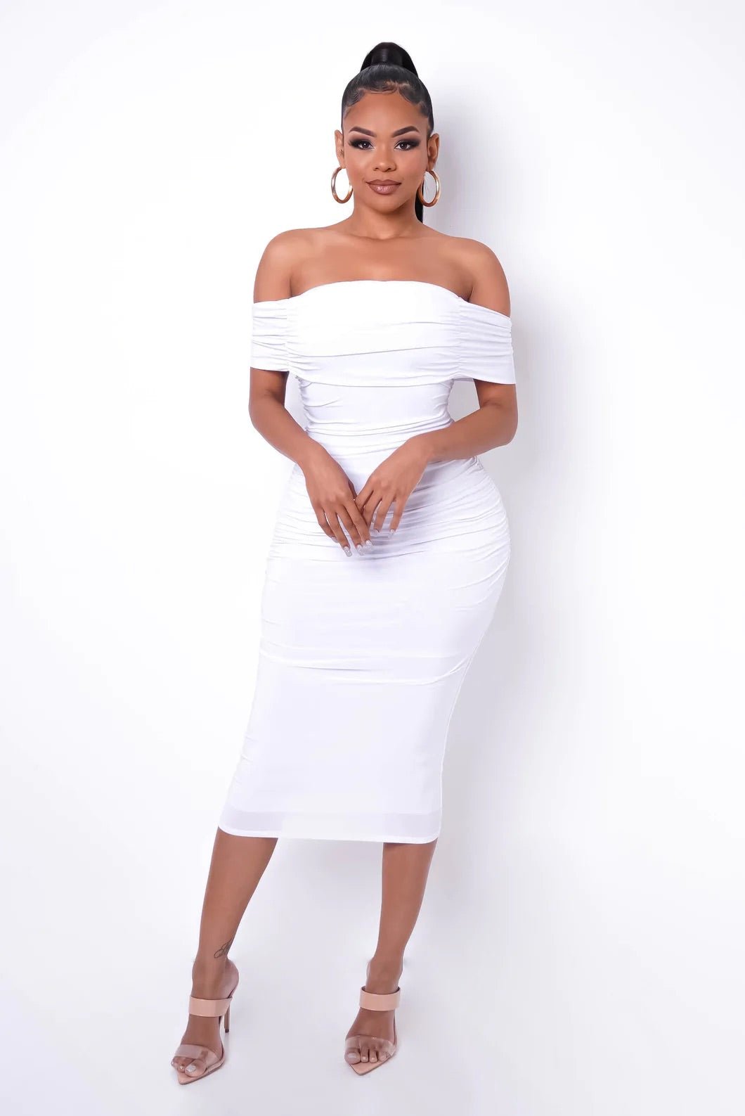 All Ruched Off The Shoulder Midi Dress White - Ali’s Couture 