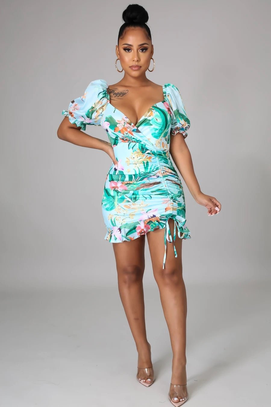 Aquafina Puffy Sleeve Tropical Mini Dress Blue - Ali’s Couture 