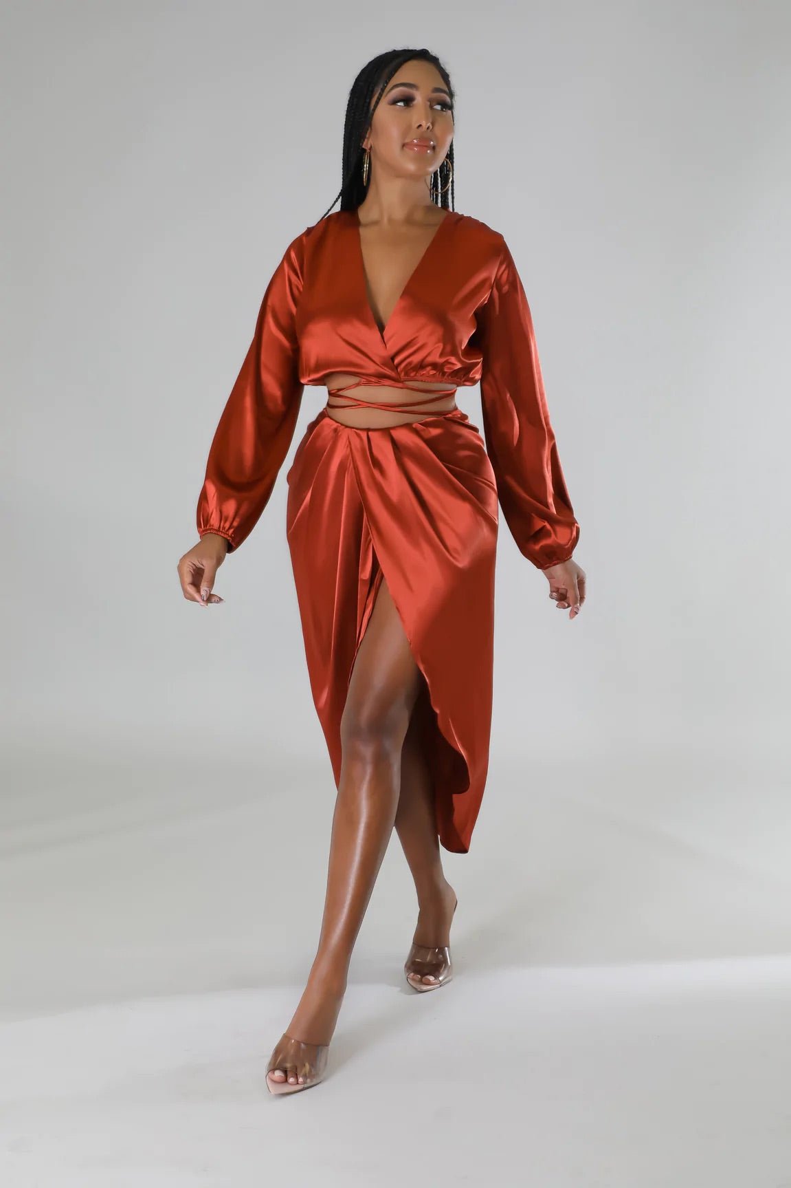Aurelle Satin Skirt Set Rust - Ali’s Couture 