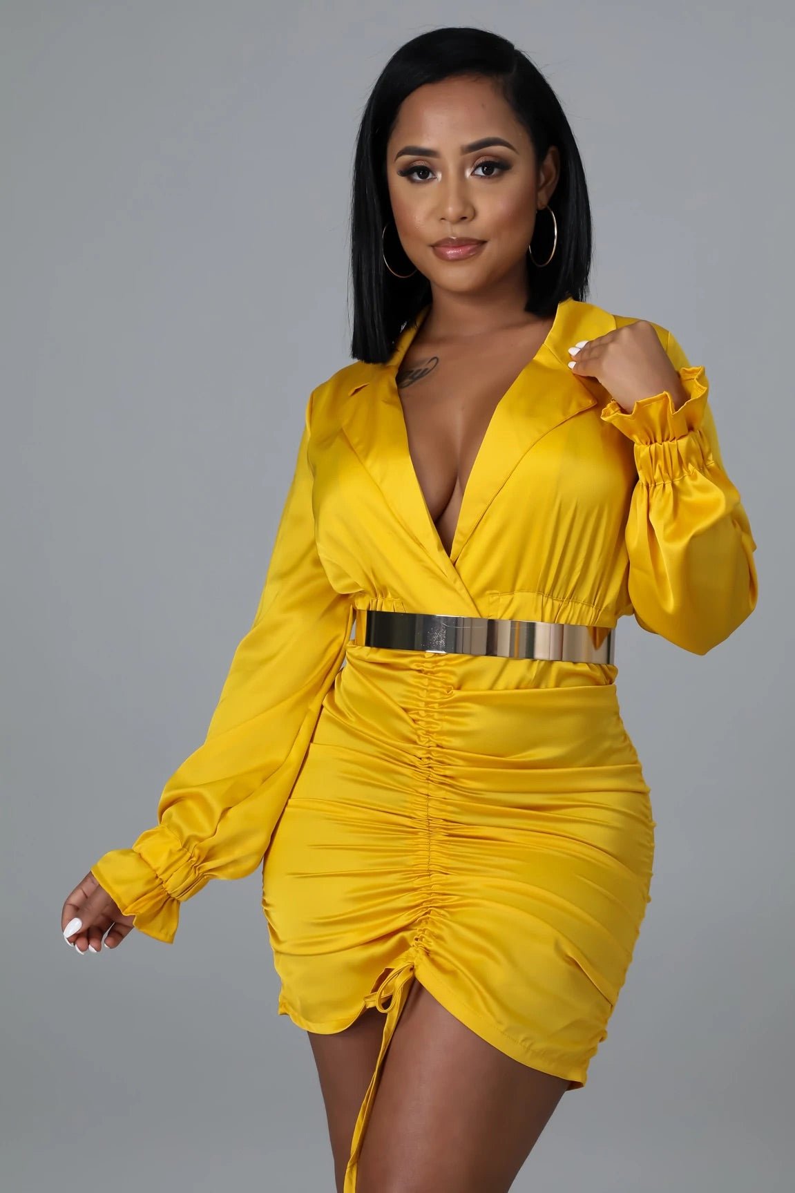 Ayla Long Sleeve Ruched Satin Mini Dress Yellow - FINAL SALE - Ali’s Couture 