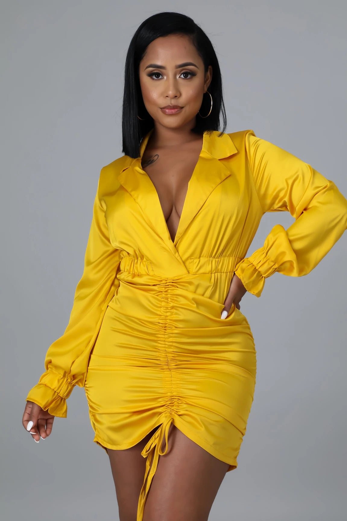 Ayla Long Sleeve Ruched Satin Mini Dress Yellow - FINAL SALE - Ali’s Couture 
