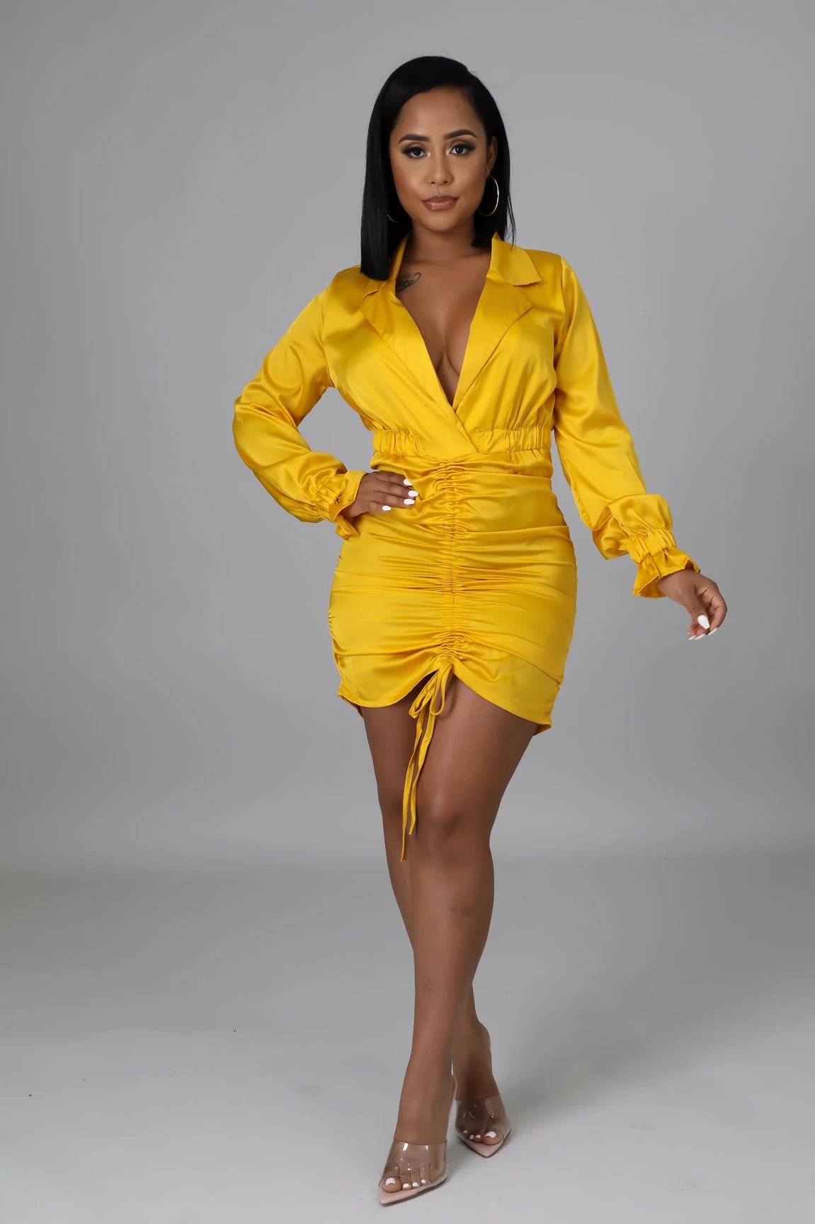 Ayla Long Sleeve Ruched Satin Mini Dress Yellow Ayla Long Sleeve Ruched Satin Mini Dress Yellow