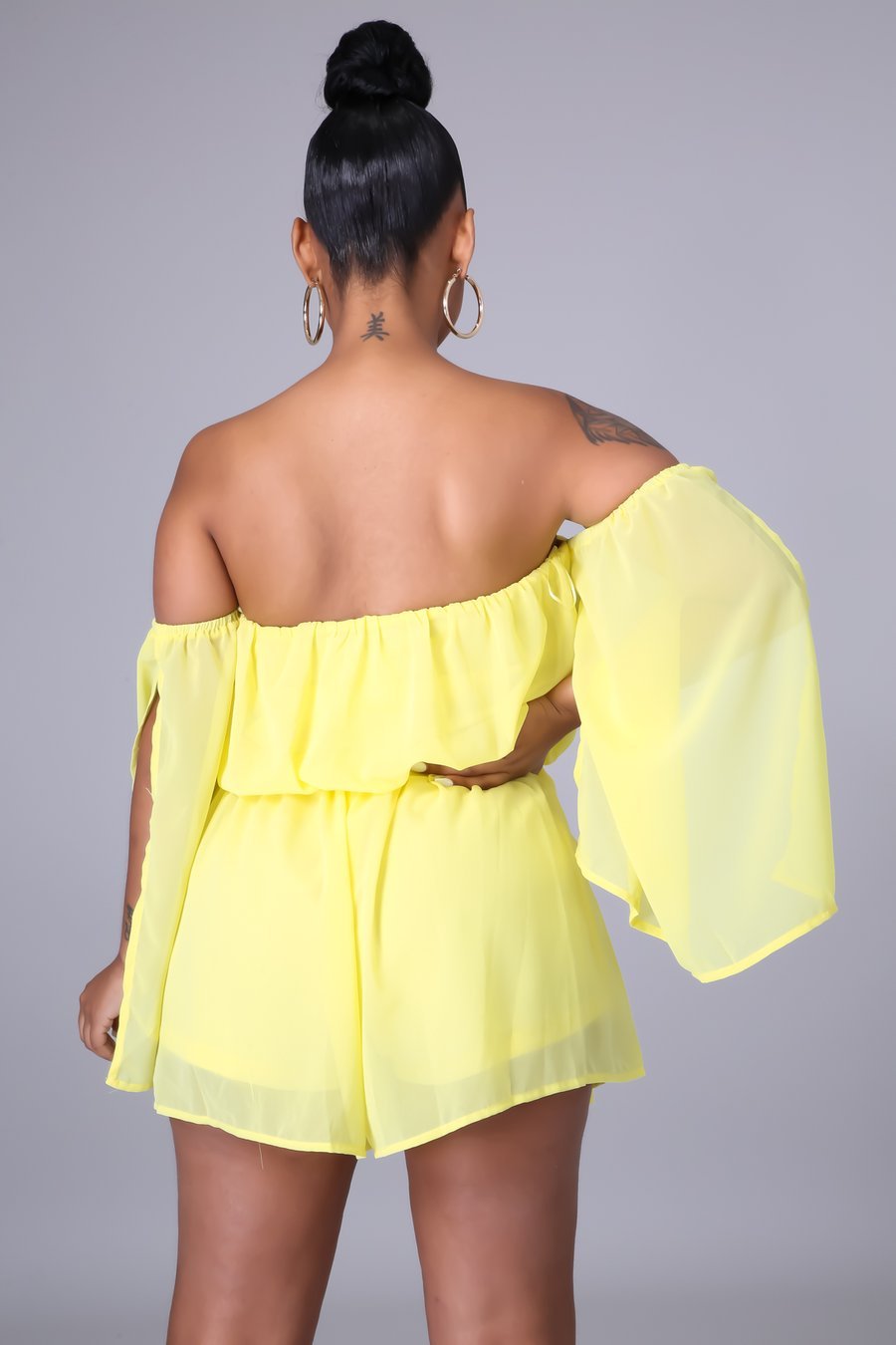 Briza Off The Shoulder Slit Sleeve Romper Yellow - FINAL SALE - Ali’s Couture 