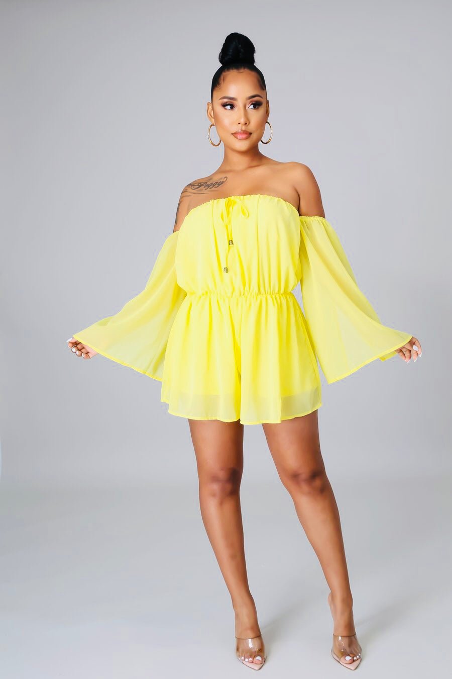 Briza Off The Shoulder Slit Sleeve Romper Yellow - FINAL SALE - Ali’s Couture 