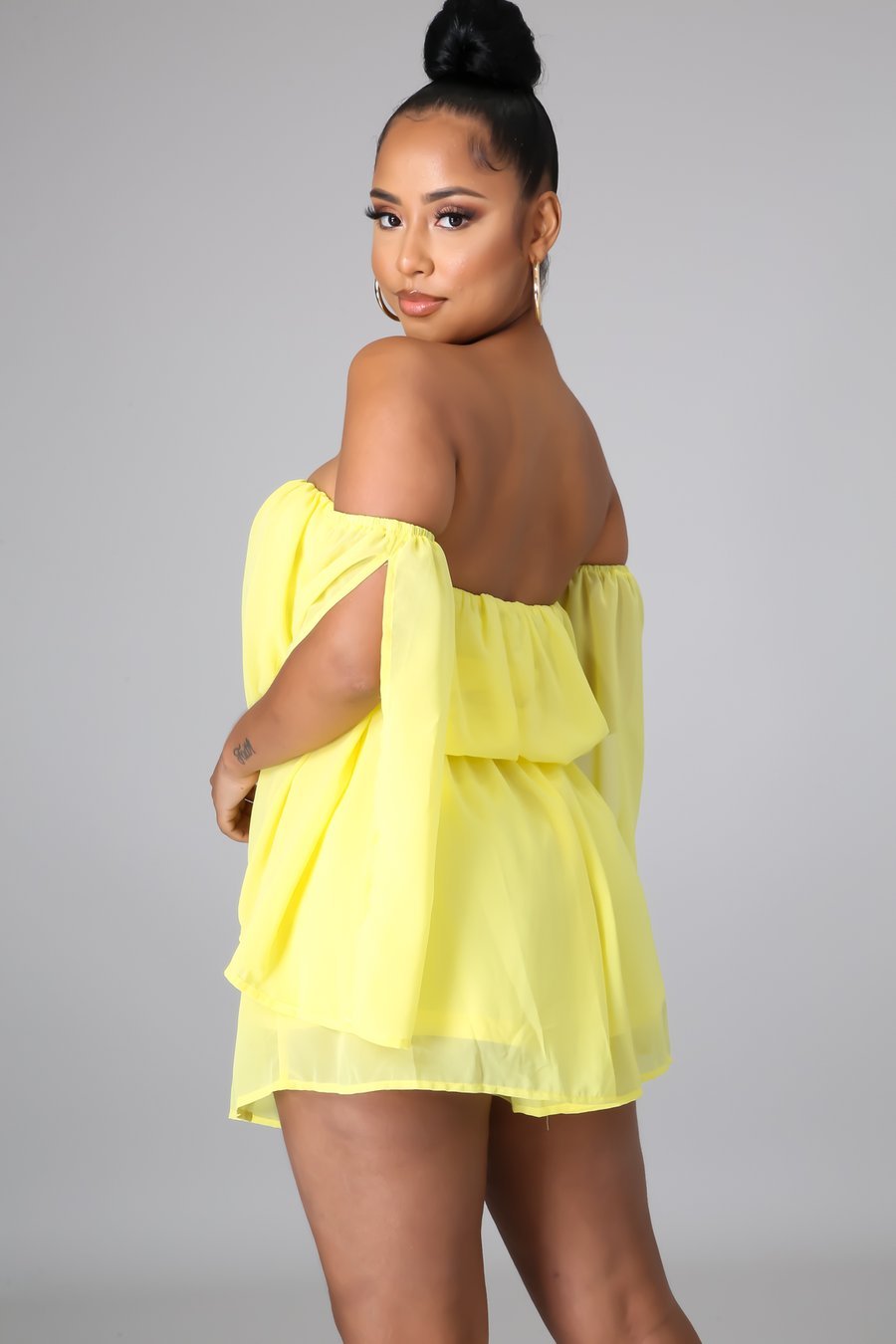 Briza Off The Shoulder Slit Sleeve Romper Yellow - FINAL SALE - Ali’s Couture 