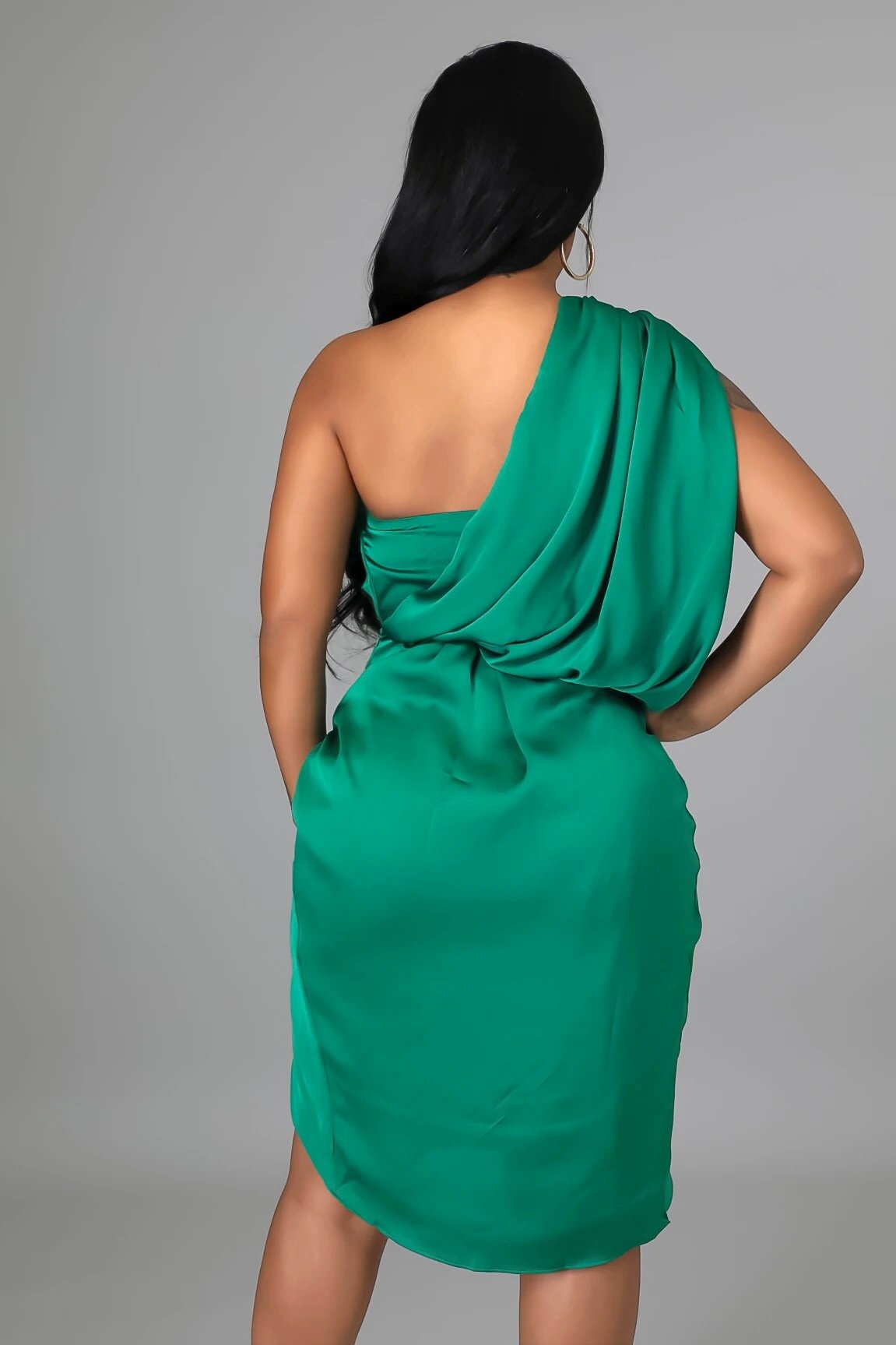 Champagne Toast One Shoulder Satin Midi Dress Green - Ali’s Couture 
