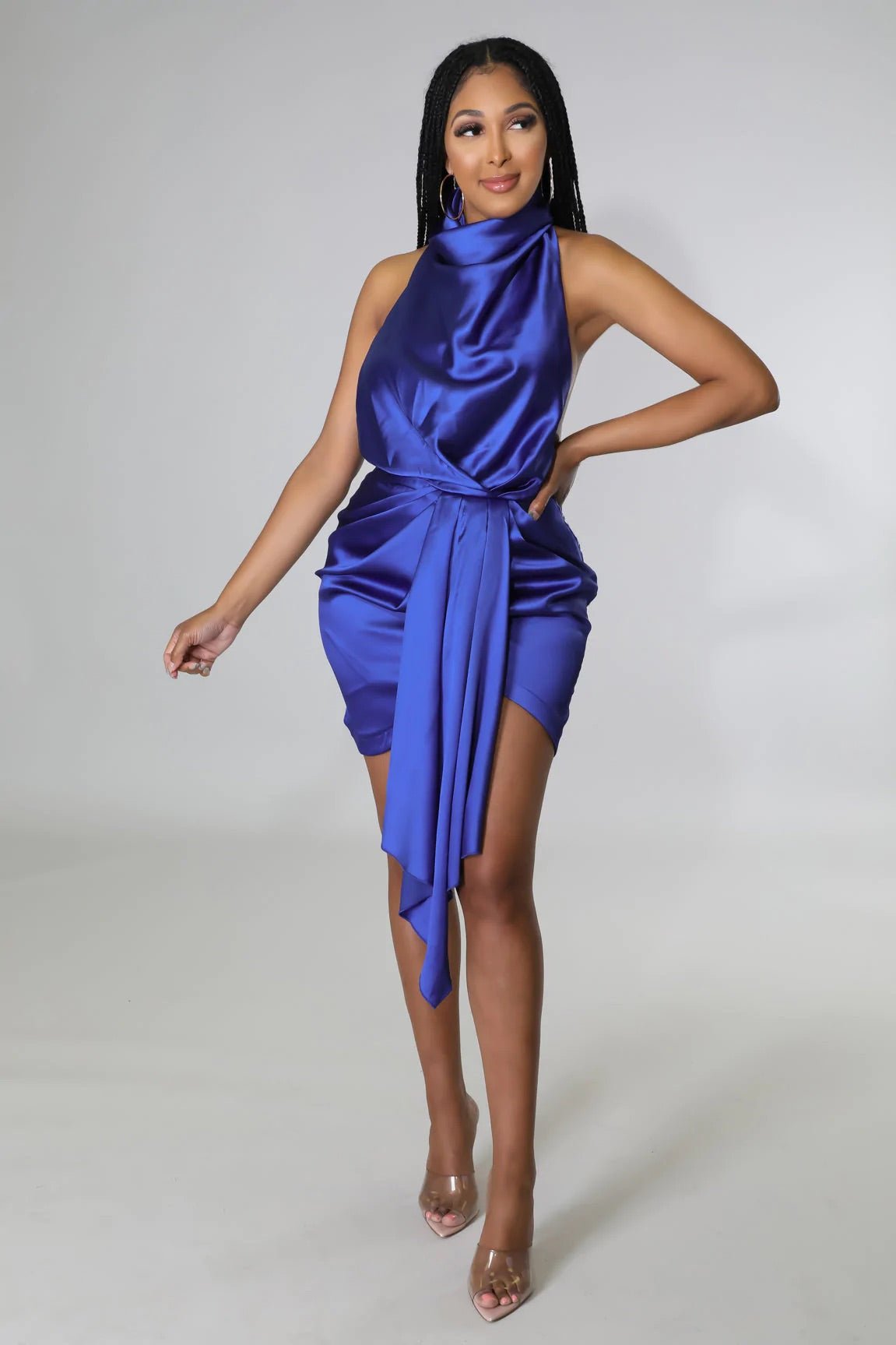 Champagne Wishes Satin Halter Mini Dress Midnight Blue - Ali’s Couture 