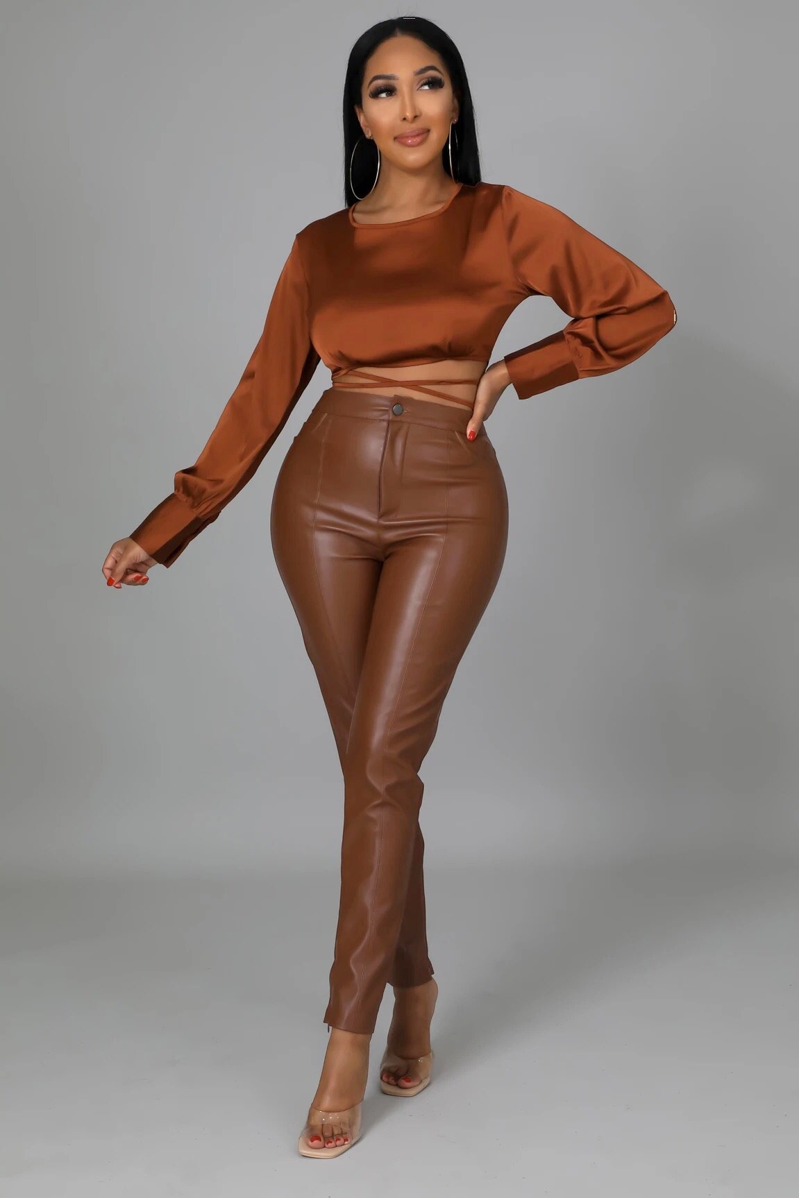 Chana Wrap Satin Crop Top Cognac Brown - Ali’s Couture 