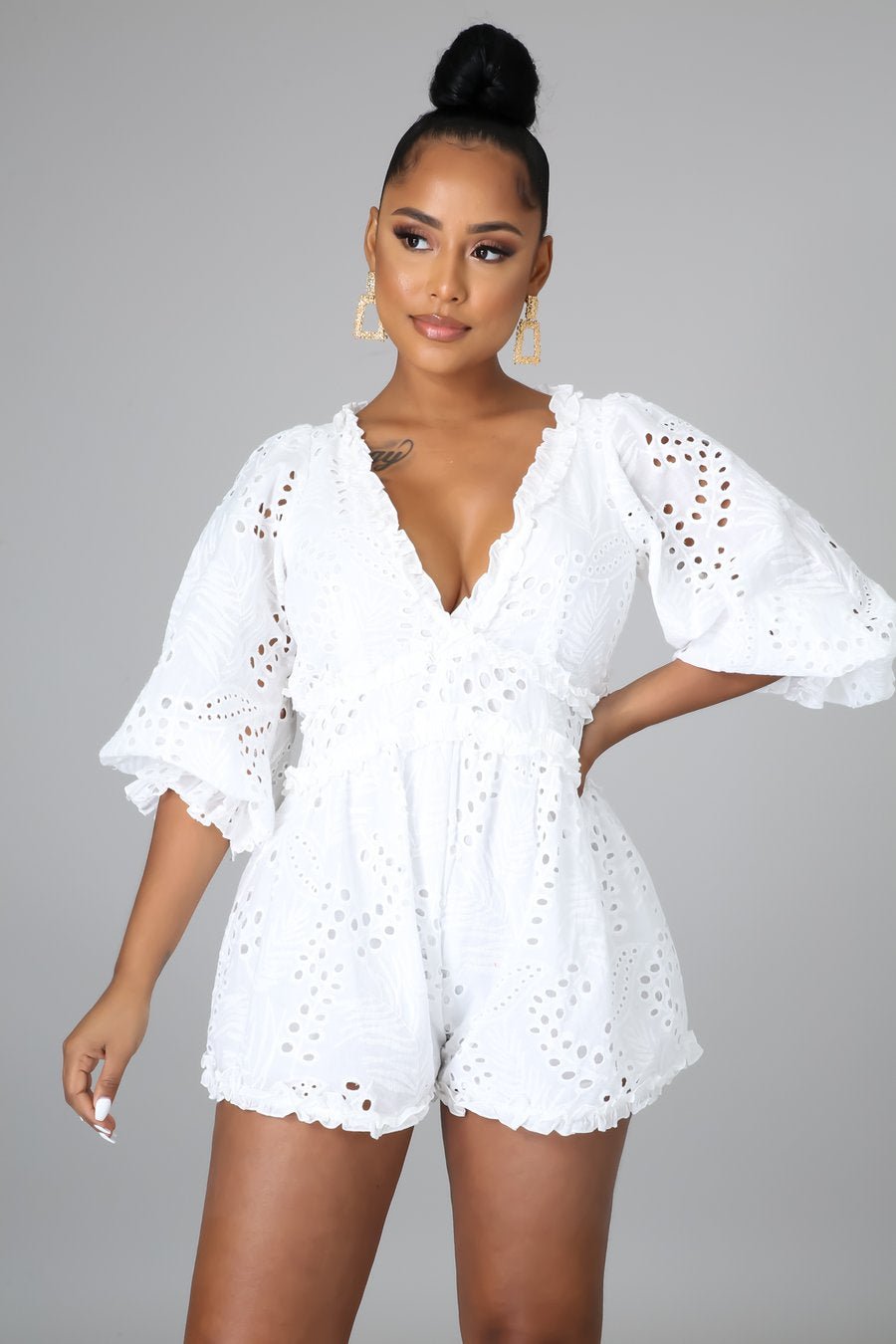 Chanelle Eyelet Embroidered Romper White - Ali’s Couture 