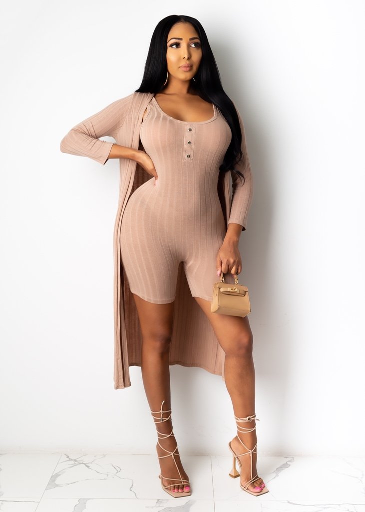 Chic Cardigan Romper Set Nude - Ali’s Couture 