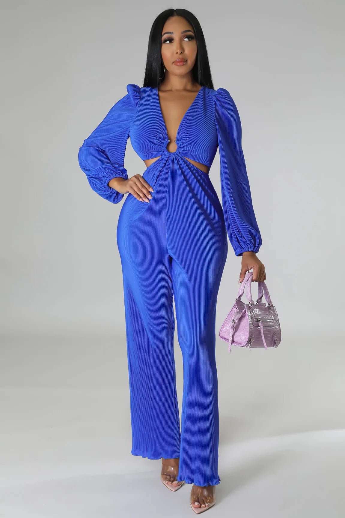 Cold Hearted Plisse Cutout Jumpsuit Blue - Ali’s Couture 