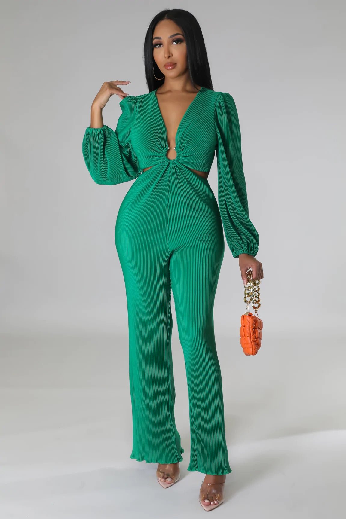 Cold Hearted Plisse Cutout Jumpsuit Green - Ali’s Couture 