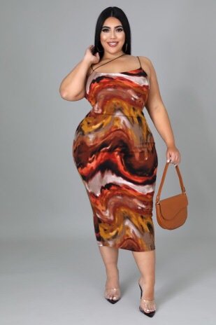 Confidently Me Paint Print Midi Dress Multicolor Rust (Curvy) - Ali’s Couture 
