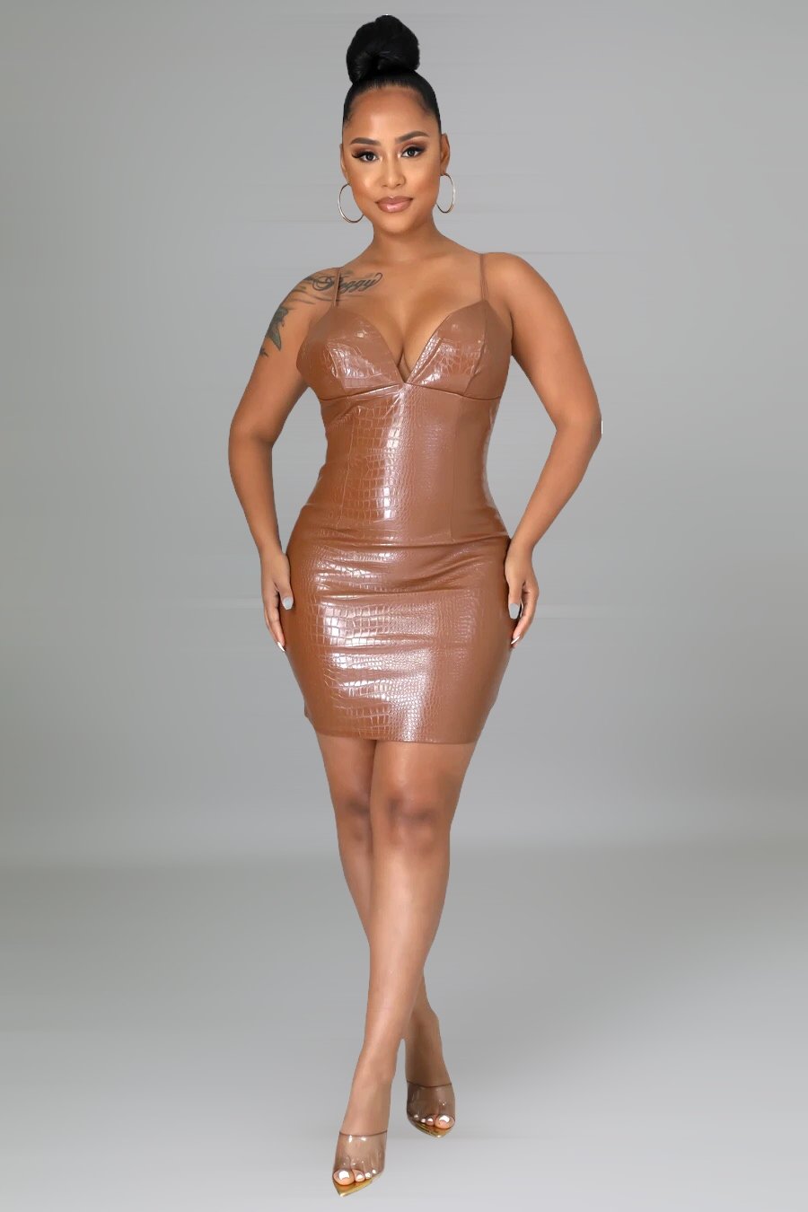 Cybill Faux Leather Mini Dress Cognac Brown - Ali’s Couture 