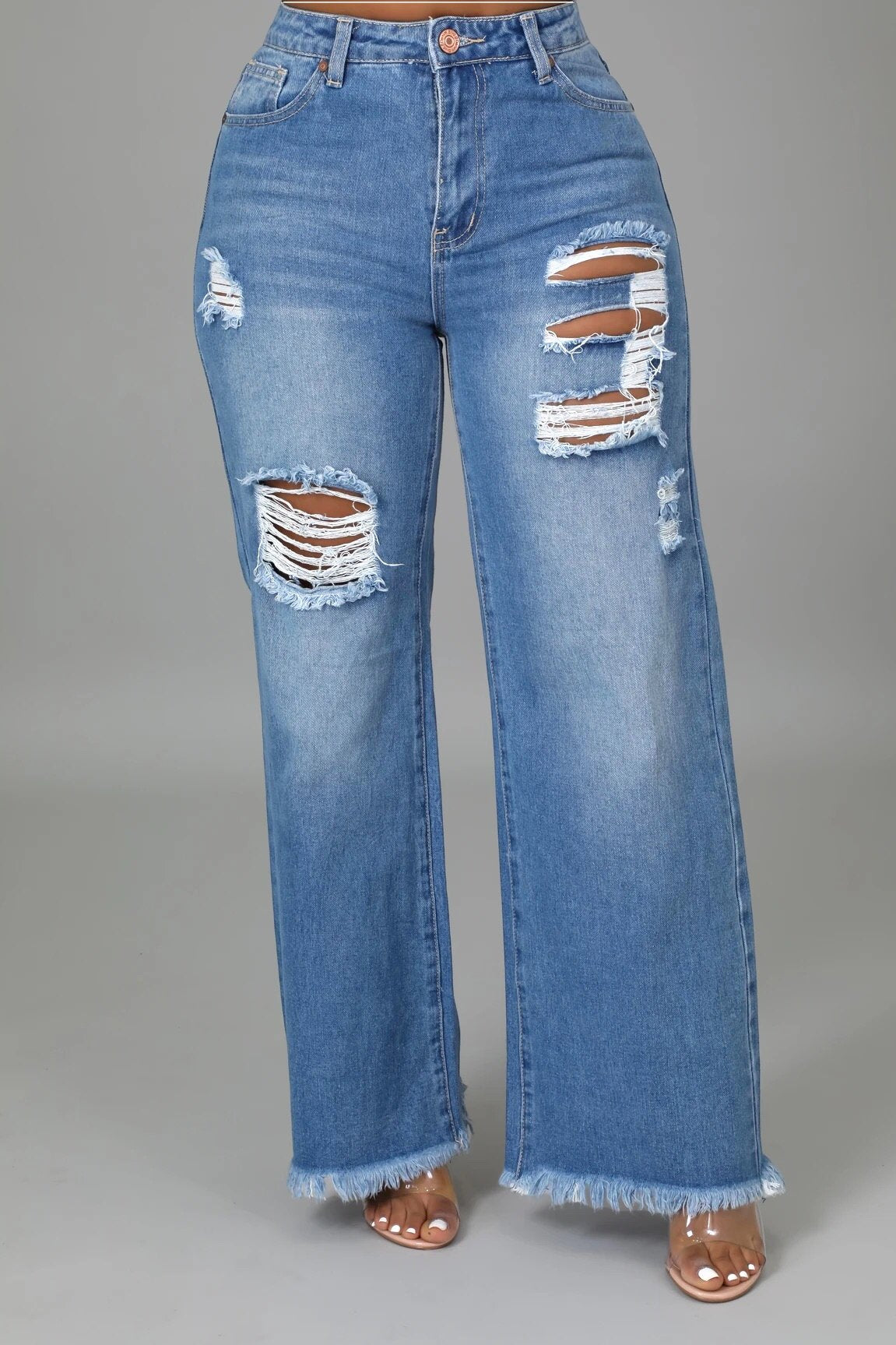 Dakota Wide Leg Distressed Jeans Medium Wash - Ali’s Couture 