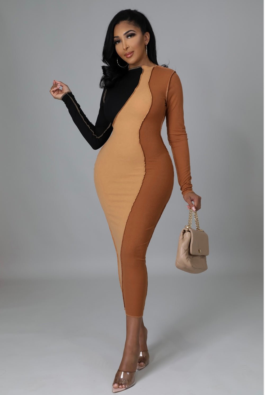 Davina Stitched Midi Dress Multicolor Rust - Ali’s Couture 