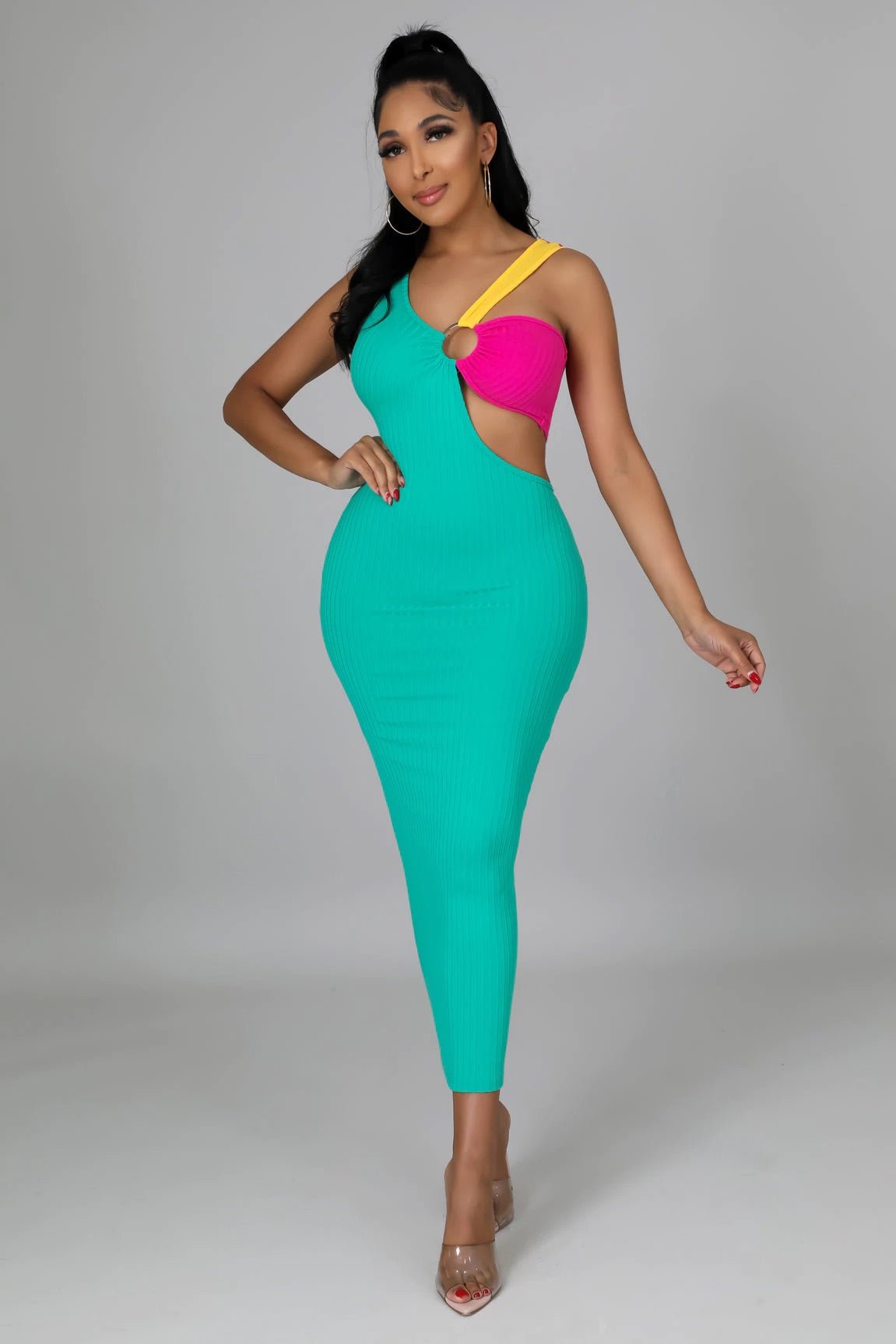Don't Block Me Ribbed Midi Dress Multicolor Green - Ali’s Couture 