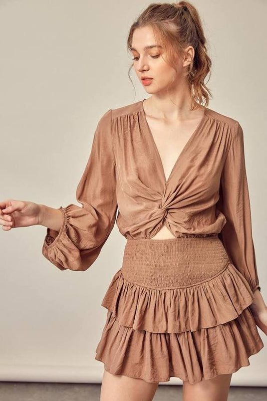 Don’t Get it Twisted Ruffle Romper Mocha - Ali’s Couture 