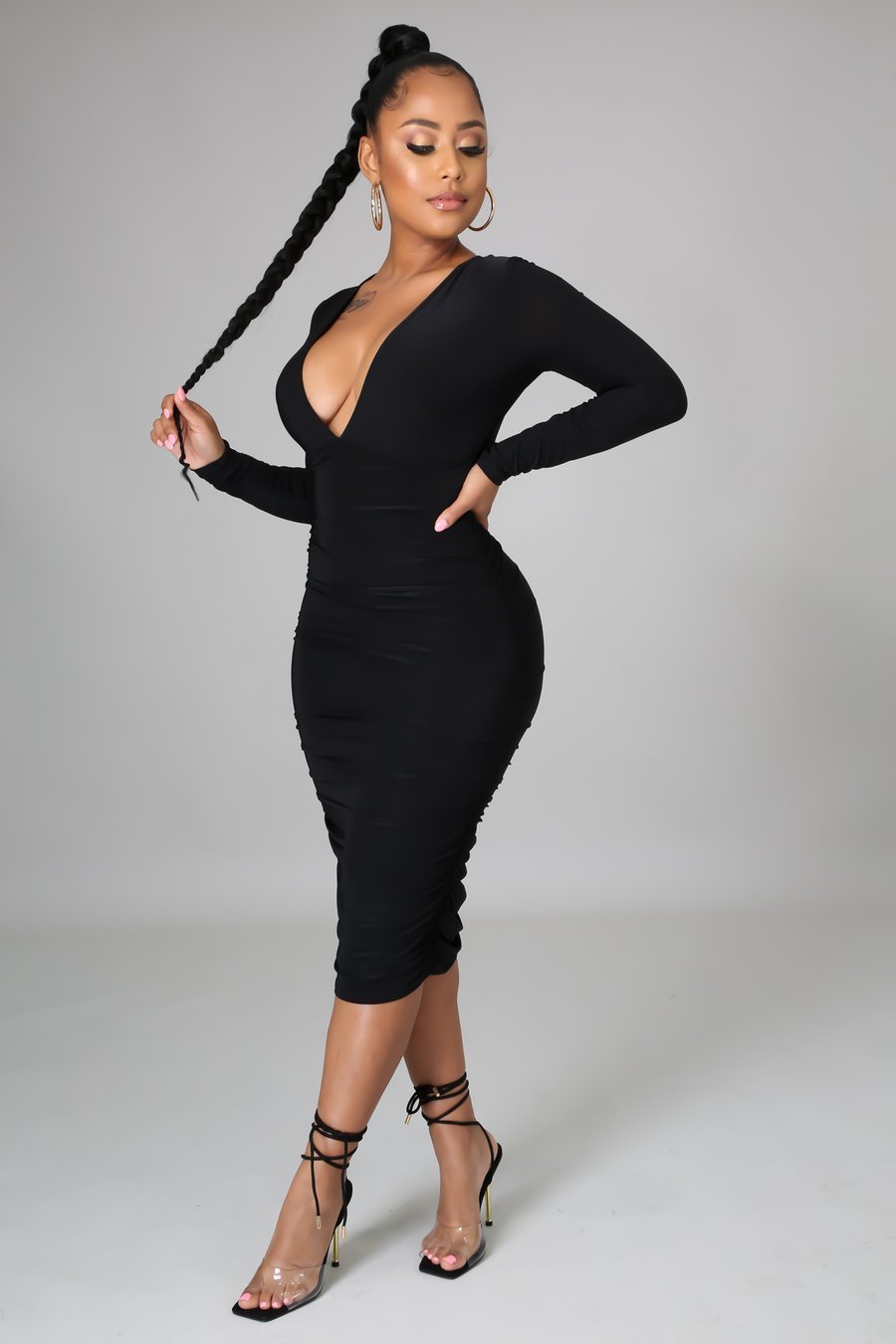 Don’t Ruch Me Ruched Midi Dress Black - Ali’s Couture 
