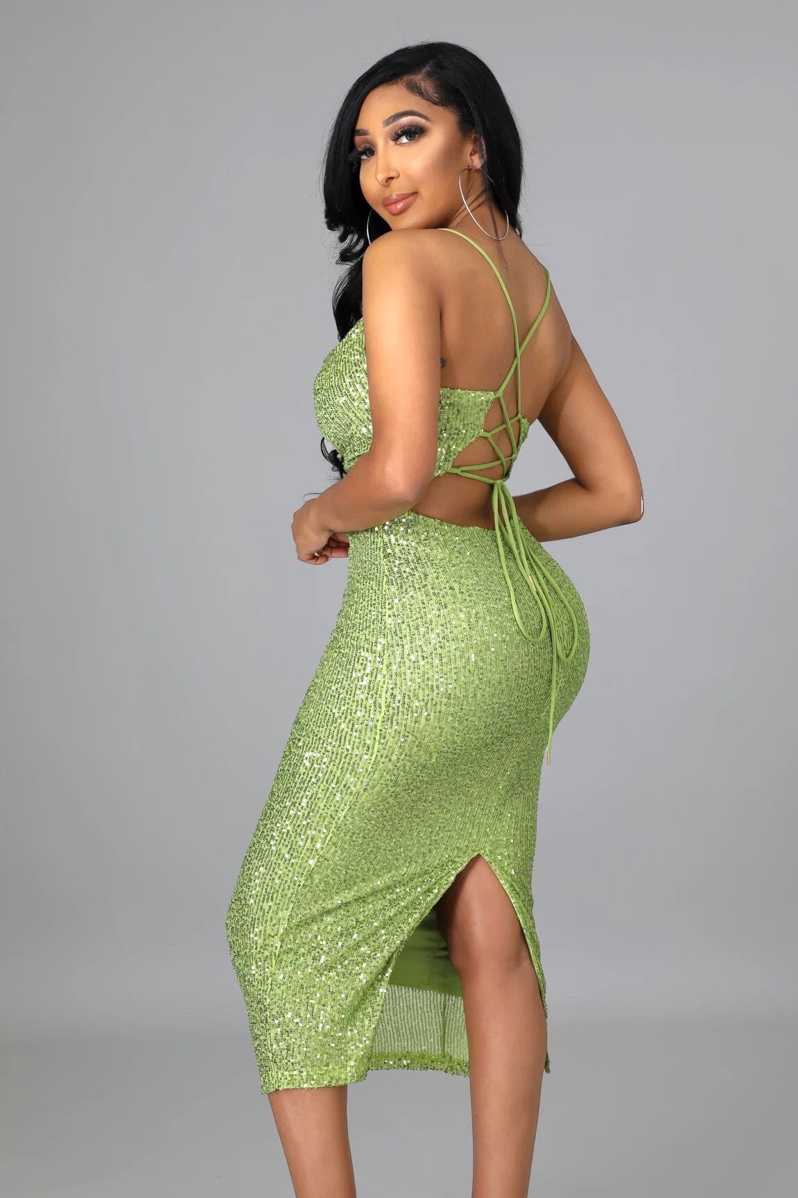 Empire State Of Mind Sequin Midi Dress Lime Green - Ali’s Couture 