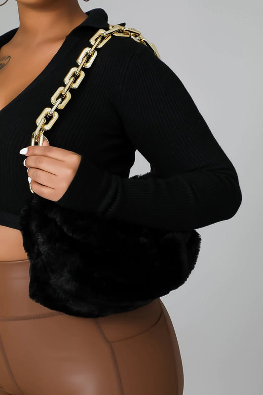 Fara Faux Fur Chunky Gold Strap Handbag Black - Ali’s Couture 