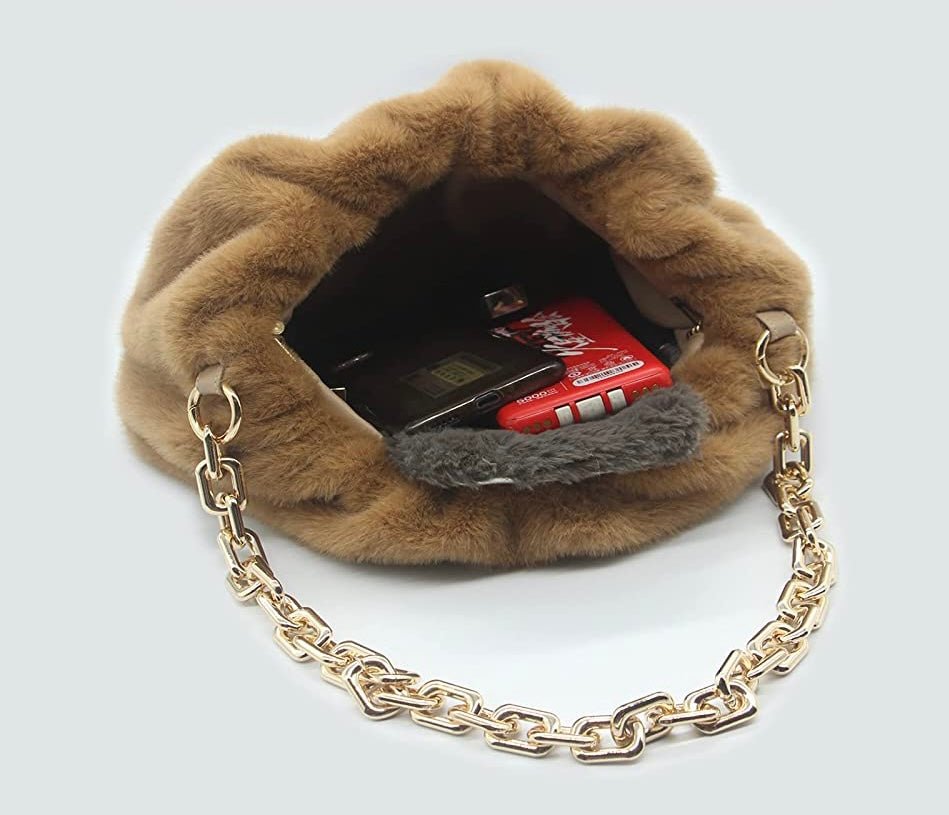 Fara Faux Fur Chunky Gold Strap Handbag Brown - Ali’s Couture 