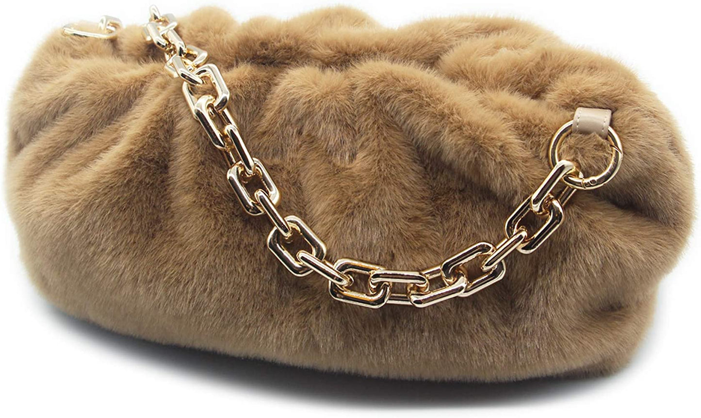 Fara Faux Fur Chunky Gold Strap Handbag Brown - Ali’s Couture 