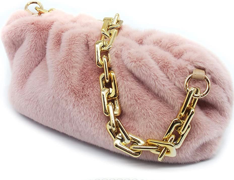 Fara Faux Fur Chunky Gold Strap Handbag Mauve - Ali’s Couture 