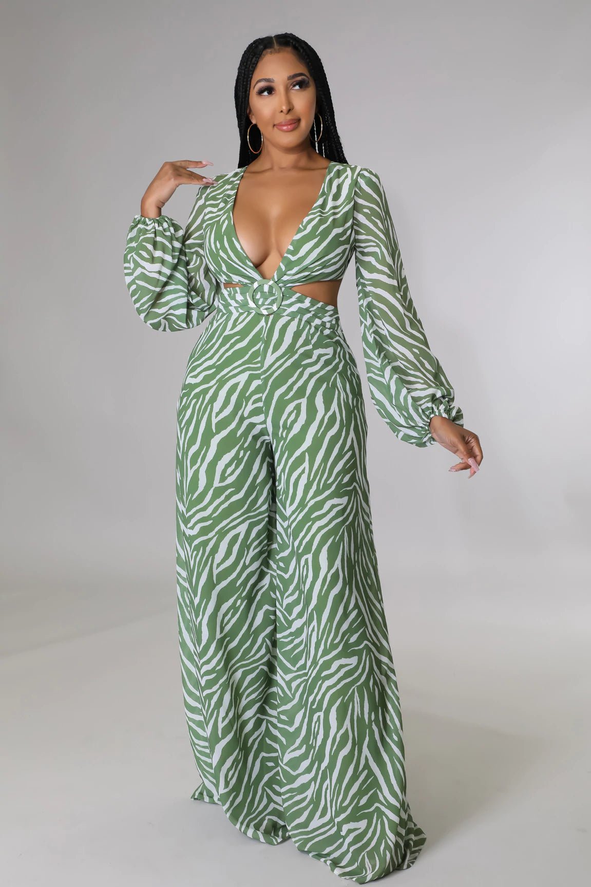 Fierceless Cutout Tiger Print Jumpsuit Multicolor Green - Ali’s Couture 