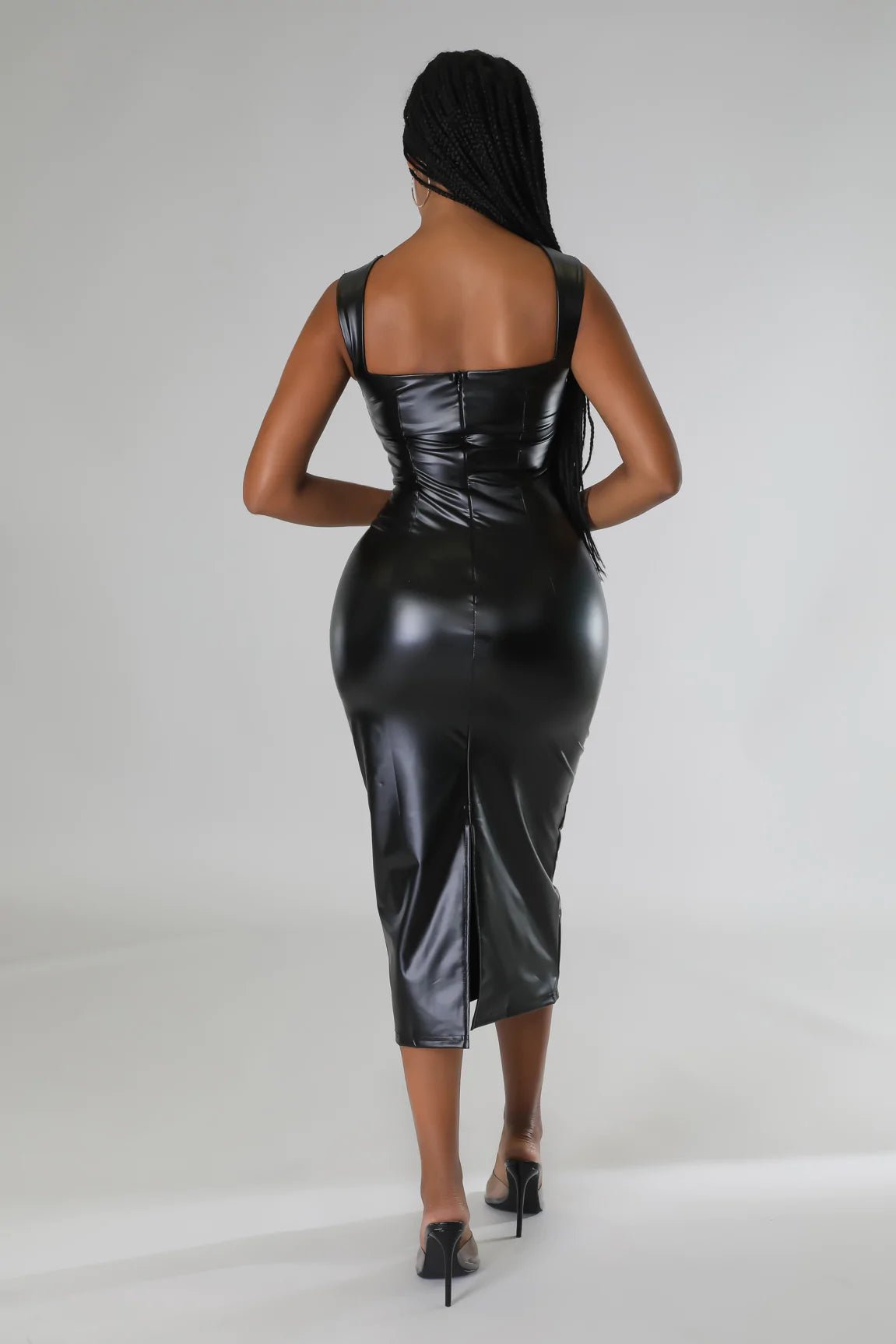Fifth Ave Faux Leather Midi Dress Black - Ali’s Couture 