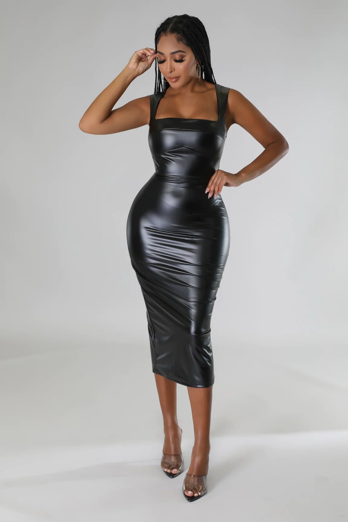 Fifth Ave Faux Leather Midi Dress Black - Ali’s Couture 